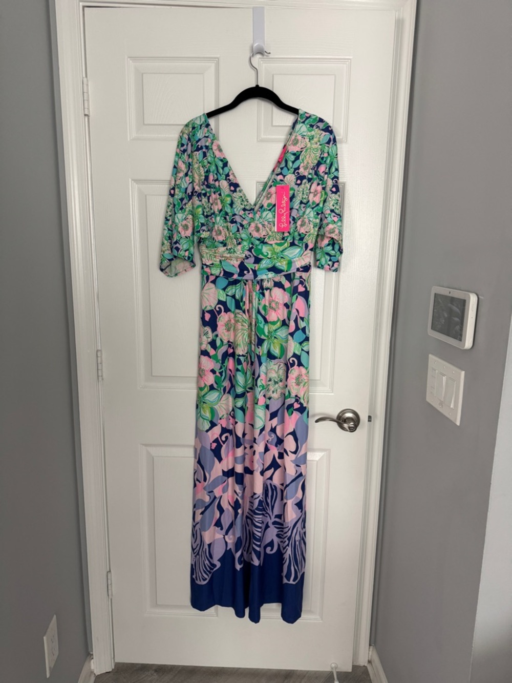 Lilly Pulitzer Navy Floral V-Neck Maxi with Pink & Green Accents